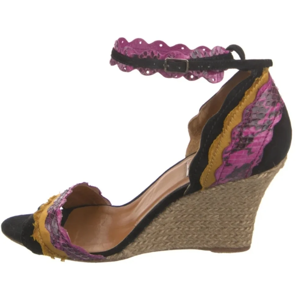 LANVIN Scalloped Snakeskin Suede Wedge Sandal Sz 37